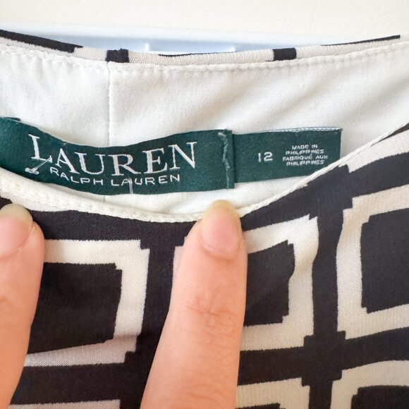 Lauren Ralph Lauren Black White Geometric Midi Dress Size 12 L,Fitted Stretch - Picture 8 of 10